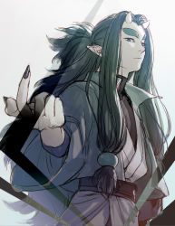 Rule 34 | 1boy, black nails, expressionless, fingernails, gradient background, green hair, hand up, highres, horns, long hair, long sleeves, longyan (the legend of luoxiaohei), looking at viewer, micho, nail polish, pointy ears, ponytail, sharp fingernails, solo, luo xiaohei zhanji, upper body, very long hair