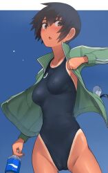 Rule 34 | 1girl, asics, black eyes, black hair, black one-piece swimsuit, bottle, breasts, cameltoe, cleft of venus, commentary request, competition swimsuit, covered erect nipples, cowboy shot, green jacket, jacket, kuronami (lvi), looking at viewer, lvi, one-piece swimsuit, one-piece tan, open clothes, open jacket, original, revision, short hair, small breasts, solo, swimsuit, tan, tanline