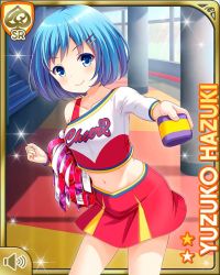 Rule 34 | 1girl, blue eyes, blue hair, card, character name, cheerleader, closed mouth, day, girlfriend (kari), hazuki yuzuko, indoors, midriff, navel, official art, pompoms, qp:flapper, red footwear, red shirt, red skirt, shirt, shoes, short hair, skirt, smile, solo, standing, tagme