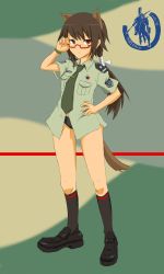 Rule 34 | 1girl, adjusting eyewear, animal ears, bad id, bad pixiv id, blush, brown hair, commentary request, dakku (ogitsune), glasses, hand on own hip, hip focus, long hair, necktie, original, panties, ponytail, red eyes, shoes, socks, solo, strike witches, strike witches 1991, tail, tie clip, underwear, uniform, world witches series