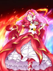 Rule 34 | 1girl, akagi towa, belt, bracelet, choker, cure scarlet, cure scarlet (mode elegant), detached sleeves, dress, earrings, fire, frilled dress, frills, go! princess precure, jewelry, long hair, magical girl, matatabi (karukan222), mode elegant (go! princess precure), parted bangs, pink hair, pointy ears, precure, quad tails, red eyes, red footwear, shoes, skirt, solo, tiara, very long hair
