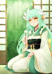 Rule 34 | 1girl, arano oki, blush, closed mouth, day, dragon horns, fate/grand order, fate (series), forest, green hair, hair ornament, horns, japanese clothes, kimono, kiyohime (fate), lap pillow invitation, light rays, long hair, long sleeves, looking at viewer, mimikaki, nature, obi, sash, seiza, sidelocks, sitting, sliding doors, smile, solo, sunbeam, sunlight, thighhighs, white thighhighs, wide sleeves, yellow eyes