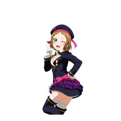 Rule 34 | 10s, 1girl, artist request, beret, blush, boots, bow, brown hair, choker, earrings, epaulettes, flower, frills, gloves, green eyes, hand on own hip, hat, jacket, jewelry, kira tsubasa, looking at viewer, love live!, love live! school idol festival, love live! school idol project, official art, one eye closed, open mouth, shocking party, short hair, simple background, skirt, smile, solo, standing, thigh boots, thighhighs, transparent background, white background, zettai ryouiki