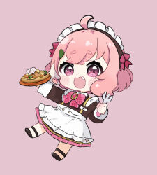 Rule 34 | 1girl, :d, ahoge, apron, black footwear, bow, brooch, brown shirt, brown skirt, chibi, collared shirt, commentary request, earrings, fork, frilled apron, frills, full body, hair ornament, hairclip, highres, holding, holding fork, holding plate, jewelry, long sleeves, looking at viewer, maid headdress, nijisanji, nozo (hitomiz), open mouth, pink background, pink bow, pink hair, plaid, plaid bow, plate, purple eyes, sasaki saku, shirt, shoes, short eyebrows, simple background, skirt, smile, solo, thick eyebrows, virtual youtuber, white apron