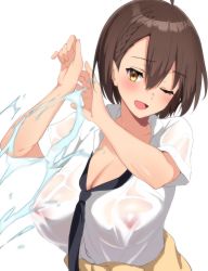 Rule 34 | 1girl, ahoge, azur lane, baltimore (after-school ace) (azur lane), baltimore (azur lane), black necktie, blush, braid, breasts, brown hair, cardigan, cardigan around waist, clothes around waist, collarbone, collared shirt, commentary, covered erect nipples, dress shirt, foreshortening, hair between eyes, highres, necktie, nipples, official alternate costume, one eye closed, open mouth, see-through, shirt, short hair, short sleeves, simple background, smile, solo, upper body, vright leftv, water, wet, wet clothes, wet shirt, wing collar, yellow eyes