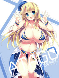 Rule 34 | 10s, 1girl, adapted costume, akikaze tsumuji, atago (kancolle), beret, bikini, blonde hair, blue bikini, blue eyes, blush, breasts, character name, cleavage, gluteal fold, hat, head tilt, kantai collection, large breasts, long hair, looking at viewer, navel, open mouth, shiny skin, smile, solo, string bikini, swimsuit, thigh gap, underboob, wrist cuffs