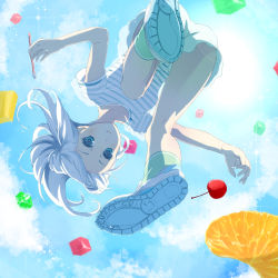Rule 34 | 1girl, ahira yuzu, bare legs, blue eyes, cherry, day, drinking straw, eating, floating hair, food, foreshortening, from below, fruit, gelatin, green socks, highres, legs, long hair, looking at viewer, looking down, orange (fruit), original, outdoors, shirt, shoe soles, shoes, short sleeves, shorts, sky, smile, sneakers, socks, solo, sparkle, striped clothes, striped shirt, t-shirt, white hair