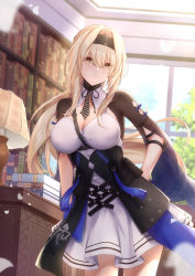 Rule 34 | 1girl, absurdres, bianca (punishing: gray raven), black ribbon, blonde hair, book, book stack, bookshelf, breasts, cleavage, closed mouth, collar, desk, dress, hair between eyes, hand on own hip, hands on own hips, headband, highres, indoors, jiusan naitang, lampshade, large breasts, long hair, looking at viewer, mole, mole under eye, necktie, punishing: gray raven, ribbon, short necktie, sidelocks, skirt, smile, solo, strap, striped, striped necktie, tree, underbust, white dress, white skirt, window