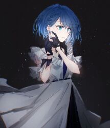 Rule 34 | 1girl, and downy flake, black bow, black gloves, blue eyes, blue hair, bow, braid, closed mouth, commentary, earrings, frills, gloves, highres, jewelry, kiritani haruka, project sekai, short hair, short sleeves, solo, symbol-only commentary, upper body