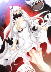 Rule 34 | 10s, 1girl, abyssal ship, breasts, cleavage, dress, dutch angle, highres, horns, kantai collection, large breasts, long hair, midway princess, niwatazumi, pale skin, red eyes, sketch, smile, white dress, white hair