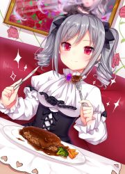 Rule 34 | 10s, 1girl, amashiro natsuki, ascot, bow, brooch, corset, drill hair, dutch angle, flower, food, fork, hair bow, highres, idolmaster, idolmaster cinderella girls, jewelry, juliet sleeves, kanzaki ranko, knife, long sleeves, looking at viewer, plate, puffy sleeves, red eyes, red flower, red rose, rose, shirt, silver hair, skirt, smile, solo, sparkle, table, twin drills