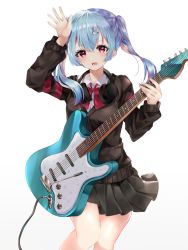 Rule 34 | 1girl, arm up, black skirt, blue hair, bow, bowtie, collared shirt, commentary request, cowboy shot, ear piercing, electric guitar, fender stratocaster, guitar, hair ornament, hand up, headphones, headphones around neck, holding, holding instrument, instrument, long sleeves, looking at viewer, lower teeth only, miniskirt, open mouth, original, piercing, pink eyes, pleated skirt, rabbit hair ornament, red bow, red bowtie, shirt, simple background, skirt, smile, solo, teeth, twintails, white background, white shirt, ymkrnchan