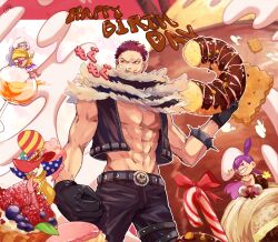 Rule 34 | 1girl, 3boys, abs, arm at side, bare pectorals, belt, black gloves, black jacket, black pants, blueberry, bracelet, candy, candy cane, charlotte cracker, charlotte katakuri, charlotte perospero, charlotte smoothie, clenched hand, cracker, doughnut, food, fruit, fur scarf, gloves, happy birthday, hat, jacket, jewelry, locking, lollipop, long tongue, macaron, male focus, mirin (coene65), multiple boys, muscular, muscular male, one piece, open clothes, open jacket, oversized food, oversized object, pants, pectorals, purple hair, raspberry, red hair, scar, scar on face, sharp teeth, short hair, spiked bracelet, spikes, teeth, thigh belt, thigh strap, tongue, top hat, topknot, topless male, translation request, tusks, zipper