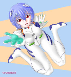 Rule 34 | ^jj^, alpharalpha, ayanami rei, blue hair, bodysuit, foreshortening, gloves, hair ornament, hairclip, interface headset, neon genesis evangelion, outstretched arm, outstretched hand, plugsuit, reaching, red eyes, short hair, sitting, solo