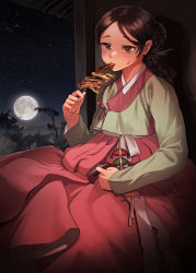 Rule 34 | 1girl, absurdres, blush, braid, brown eyes, brown hair, check copyright, copyright request, eating, folded braid, food, food on face, food request, full moon, geumsu, hair ribbon, highres, holding, holding food, holding skewer, korean clothes, korean commentary, long sleeves, looking at viewer, moon, night, night sky, original, outdoors, porch, pouch, red ribbon, ribbon, sitting, skewer, sky, solo, star (sky), starry sky, sweat, tree, veranda