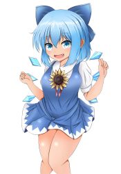 Rule 34 | 1girl, :d, blue eyes, blue hair, blush, bow, breasts, cirno, dress, fang, flower, hair bow, hair ribbon, hidden star in four seasons, highres, ice, ice wings, isshin (sasayamakids), itusin3, looking at viewer, medium breasts, open mouth, ribbon, short dress, short hair, smile, solo, sunflower, tan, tanned cirno, thick thighs, thighs, touhou, wings