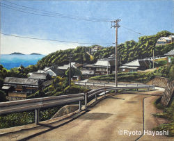 Rule 34 | artist name, blue sky, colored pencil (medium), commentary request, crack, dated, day, hayashi ryouta, horizon, house, no humans, ocean, original, outdoors, plant, power lines, railing, road, scenery, signature, sky, still life, street, traditional media, water