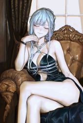 Rule 34 | 1girl, absurdres, ak-12 (girls&#039; frontline), ak-12 (quiet azure) (girls&#039; frontline), bare shoulders, blue dress, bracelet, breasts, center opening, chair, chromatic aberration, cleavage, closed eyes, closed mouth, crossed legs, curtains, dress, evening gown, finger to own chin, girls&#039; frontline, halterneck, highres, iuui, jewelry, large breasts, long hair, official alternate costume, pale skin, sidelocks, silver hair, sitting, solo, thighs, window
