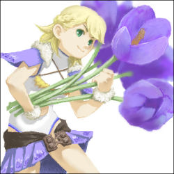 Rule 34 | 1girl, blonde hair, breasts, female focus, final fantasy, final fantasy crystal chronicles, flower, green eyes, lowres, midriff, raccoon tail selkie (female), selkie, simple background, solo, white background