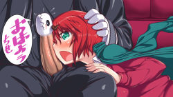 Rule 34 | 1boy, 1girl, aokihoshi, black pants, black sclera, black shirt, blush, breasts, closed mouth, collared shirt, colored sclera, elias ainsworth, erection, facejob, flying sweatdrops, gloves, green jacket, hair between eyes, hand on another&#039;s head, hatori chise, hetero, horns, jacket, large breasts, long sleeves, mahou tsukai no yome, open mouth, pants, penis, penis on face, profile, red hair, red shirt, shirt, short hair, sitting, speech bubble, translated, white gloves, white shirt, wing collar
