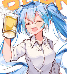 Rule 34 | 1girl, absurdres, alcohol, bad id, bad pixiv id, beer, beer mug, blue hair, closed eyes, commentary, cup, foam, hand up, hatsune miku, highres, holding, holding cup, long hair, mikaduki 3636, mug, open mouth, shirt, sketch, sleeves rolled up, smile, solo, twintails, very long hair, vocaloid, white background, white shirt