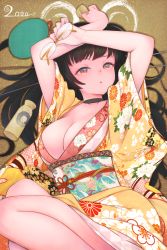 Rule 34 | 1girl, 2020, alcohol, beret, black hair, breasts, choker, choukai (kancolle), cleavage, commentary request, unworn eyewear, floral print, glasses, hat, unworn headwear, japanese clothes, kantai collection, kimono, large breasts, long hair, looking at viewer, lying, on side, red eyes, sake, solo, tomamatto