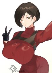 Rule 34 | 1girl, absurdres, ada wong, artist logo, artist name, black gloves, black hair, bob cut, breasts, chest harness, cowboy shot, dress, gloves, hair behind ear, harness, highres, large breasts, looking at viewer, quezsparta, red dress, resident evil, resident evil 4, resident evil 4 (remake), selfie, short hair, simple background, solo, tight clothes, tight dress, turtleneck, turtleneck dress, v, white background