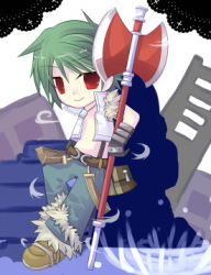 Rule 34 | 1boy, axe, belt, bio lab, black gloves, blue pants, brown belt, brown footwear, closed mouth, commentary request, crop top, fingerless gloves, full body, fur-trimmed pants, fur-trimmed shirt, fur trim, gloves, green hair, gyorui (yakiudonnn), holding, holding axe, howard alt-eisen, looking at viewer, lowres, male focus, open clothes, open shirt, pants, pouch, ragnarok online, red eyes, shirt, shoes, short hair, smile, solo, suspenders, vambraces, white shirt, whitesmith (ragnarok online)