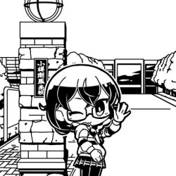 Rule 34 | 1girl, braid, building, cevio, chibi, closed mouth, commentary request, feet out of frame, from side, glasses, greyscale, hanakuma chifuyu, hand up, jacket, long hair, long sleeves, looking at viewer, low twin braids, lowres, monochrome, moyasiwhite, one eye closed, otaru (hokkaido), outdoors, pantyhose, plaque, pleated skirt, real world location, school, second-party source, skirt, smile, solo, synthesizer v, translation request, tree, twin braids, waving