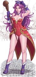 Rule 34 | 1girl, angela (seiken densetsu 3), arm up, armpits, bare legs, boots, breasts, check commentary, coattails, commentary, commentary request, dress, earrings, gloves, green eyes, hat, highres, holding, holding staff, image sample, jewelry, long hair, looking at viewer, medium breasts, monochrome background, necklace, parted bangs, pointy ears, purple hair, raikou (ff), red dress, seiken densetsu, seiken densetsu 3, sleeve cuffs, solo, staff, twitter sample, very long hair