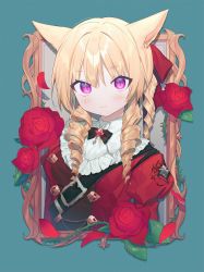 Rule 34 | 1girl, animal ears, blonde hair, blue background, blush, bow, bowtie, brooch, chain, character request, commentary request, drill hair, final fantasy, final fantasy xiv, flower, frilled shirt, frills, funa (sakana), hair bow, highres, jewelry, leaf, looking at viewer, miqo&#039;te, petals, picture frame, purple eyes, rose, shirt, shoulder belt, slit pupils, smile, solo, twin drills, upper body, warrior of light (ff14), wing collar