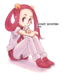 Rule 34 | 1girl, :o, ankle boots, bad id, bad pixiv id, boots, character name, copyright name, creatures (company), crossed arms, eyebrows, forehead, full body, game freak, hair bobbles, hair ornament, hair rings, long hair, mira (pokemon), nintendo, nyonn24, open mouth, pantyhose, pantyhose under shorts, pink eyes, pink footwear, pink hair, pink ribbon, pink shorts, platform boots, platform footwear, pokemon, pokemon dppt, ribbon, shadow, shirt, shorts, side ponytail, simple background, sitting, solo, text focus, white background, white pantyhose, white shirt