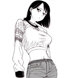 Rule 34 | 1girl, bad id, bad pixiv id, belt, black hair, breasts, closed mouth, crop top, dende (dndn222), earrings, greyscale, highres, jewelry, large breasts, long sleeves, looking at viewer, monochrome, navel, necklace, original, pants, scan, scan artifacts, shirt, short hair, solo, standing, stomach, traditional media