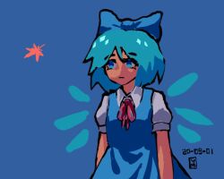 Rule 34 | 1girl, blue background, blue bow, blue dress, blue eyes, blue hair, bow, bowtie, cirno, closed mouth, collared shirt, commentary request, dated, dress, eyelashes, frown, hair bow, ice, ice wings, korean commentary, looking ahead, puffy short sleeves, puffy sleeves, red bow, red bowtie, shirt, short hair, short sleeves, signature, simple background, sleeveless, sleeveless dress, solo, star (symbol), tan, tanned cirno, touhou, upper body, waiwa way, white shirt, white sleeves, wings