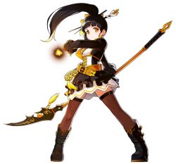Rule 34 | 1girl, ara haan, ara han, belt, black footwear, black hair, black skirt, boots, brown thighhighs, corset, cropped jacket, elsword, expressionless, full body, hair ornament, hairpin, little devil (elsword), long hair, looking at viewer, magic, official art, polearm, ponytail, sando (dukedevil), simple background, skirt, solo, spear, standing, thighhighs, weapon, white background, yellow eyes