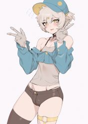 Rule 34 | 1boy, absurdres, aqua jacket, bare shoulders, black shorts, black thighhighs, blue hat, blush, bulge, collarbone, covered navel, cowboy shot, crossdressing, double v, grey hair, grey tank top, hands up, hat, highres, jacket, jin rou, long sleeves, looking at viewer, male focus, o-ring, o-ring bottom, off shoulder, original, short hair, short shorts, shorts, shrug (clothing), simple background, single thighhigh, skindentation, solo, sweatdrop, tank top, thigh strap, thighhighs, tongue, tongue out, trap, v, w, white background, yellow eyes