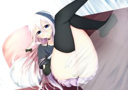 Rule 34 | 1girl, :d, aties20, black bow, black shirt, black thighhighs, blue eyes, blush, bow, brown hair, commentary request, curtains, gradient hair, hair between eyes, hair bow, ia (vocaloid), legs up, long hair, looking at viewer, multicolored hair, no panties, no shoes, off-shoulder shirt, off shoulder, on chair, open mouth, pillow, pleated skirt, purple skirt, pussy, shirt, skirt, smile, soles, solo, thighhighs, transparent, uncensored, very long hair, vocaloid, white hair
