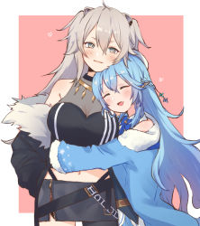 Rule 34 | 2girls, ahoge, animal ears, black coat, black pantyhose, black shirt, black skirt, blue coat, blue hair, blush, braid, breasts, cleavage, closed eyes, closed mouth, coat, commentary, cowboy shot, cropped shirt, earrings, fang, french braid, fur-trimmed coat, fur trim, grey eyes, hair between eyes, hand on own hip, heart, hololive, hug, jewelry, large breasts, lion ears, lips, looking at viewer, midriff, miniskirt, multiple girls, navel, necklace, off shoulder, open clothes, open coat, pantyhose, partially unzipped, pink background, pointy ears, see-through, see-through cleavage, shirt, shishiro botan, shishiro botan (1st costume), side-by-side, silver hair, simple background, single thighhigh, skirt, smile, sosuke (yrmon), thighhighs, virtual youtuber, yukihana lamy, zipper skirt