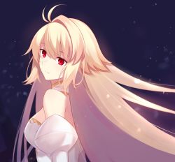 Rule 34 | 1girl, antenna hair, archetype earth, arcueid brunestud, bare shoulders, blonde hair, breasts, closed mouth, commentary, detached collar, detached sleeves, dress, floating hair, hair between eyes, hair intakes, highres, long hair, looking at viewer, medium breasts, melty blood, nemu mohu, red eyes, sidelocks, smile, solo, strapless, strapless dress, tsukihime, upper body, very long hair, white dress, white sleeves