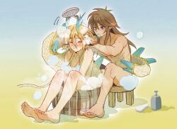 Rule 34 | 1boy, 1girl, blonde hair, breasts, bucket, completely nude, dragon girl, dragon horns, dragon tail, hair tie, hair tie in mouth, highres, horns, light dragon (zelda), link, medium breasts, mouth hold, nintendo, nude, pointy ears, princess zelda, scar, short hair, shower head, shuo yue, sitting, soap bubbles, stool, tail, the legend of zelda, the legend of zelda: tears of the kingdom, washing another, wet, wooden bucket