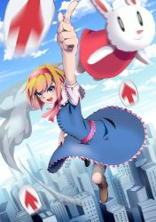 Rule 34 | 1girl, alice margatroid, arrow (symbol), blonde hair, blouse, blue dress, blue sky, blush, boots, brown footwear, capelet, cityscape, cloud, commentary request, cookie (touhou), cross-laced footwear, day, dress, dutch angle, flying, frilled capelet, frilled dress, frilled hairband, frilled sash, frills, full body, gaba physics, hairband, highres, holding, holding clothes, holding dress, ichigo (cookie), index finger raised, looking at viewer, motion blur, open mouth, outdoors, pink sash, pointing, pointing up, razgrizes da, red dress, red hairband, sash, shirt, short hair, short sleeves, sky, sleeveless, sleeveless dress, smoke trail, solo, stuffed animal, stuffed rabbit, stuffed toy, touhou, white capelet, white shirt