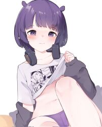 Rule 34 | 1girl, bed, blue eyes, blunt bangs, blush, bob cut, breasts, clothes lift, commentary, grey hood, grey jacket, headphones, headphones around neck, highres, hololive, hololive english, hood, hooded jacket, hoodie, jacket, knee up, legs, lifting own clothes, looking at viewer, mole, mole under eye, namiorii, navel, ninomae ina&#039;nis, ninomae ina&#039;nis (loungewear), official alternate costume, official alternate hair length, official alternate hairstyle, on bed, open hood, panties, pillow, pointy ears, print shirt, purple hair, purple hood, purple hoodie, purple panties, rabbit ears antenna, shirt, shirt lift, short hair, short sleeves, sitting, small breasts, smile, solo, symbol-only commentary, t-shirt, takodachi (ninomae ina&#039;nis), tentacle hair, thighs, underwear, virtual youtuber, white shirt