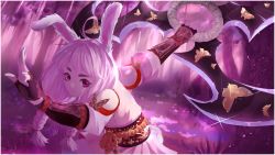 Rule 34 | 1girl, animal ears, artist request, braid, rabbit ears, rabbit tail, elin, fingerless gloves, gloves, highres, huge weapon, japanese clothes, kimono, long hair, ninja, obi, outstretched arms, pink eyes, pink hair, rope, sash, shuriken, solo, tail, tera online, twin braids, twintails, weapon, yukata