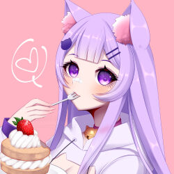 Rule 34 | 1girl, animal ear fluff, animal ears, bell, blush, breasts, cake, cat bell, cat choker, cat ears, cat hair ornament, character request, colla, collared shirt, copyright request, cream, eating, eyebrows, eyelashes, food, fork, fruit, hair ornament, hairclip, heart, kamaniki, looking at viewer, matching hair/eyes, medium breasts, pink background, plate, purple eyes, purple hair, shirt, simple background, solo, strawberry