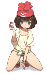 Rule 34 | 1girl, beanie, black hair, blue eyes, blush, bracelet, commentary request, creatures (company), game freak, hat, highres, holding, holding poke ball, jewelry, kneeling, looking at viewer, nintendo, no pants, open mouth, panties, poke ball, pokemon, pokemon sm, red hat, ruiten, selene (pokemon), shirt, shoes, short hair, short shorts, shorts, side-tie panties, smile, sneakers, solo, striped clothes, striped panties, swept bangs, t-shirt, underwear, wide sleeves, z-ring