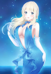 Rule 34 | 10s, 1girl, alternate costume, atago (kancolle), blonde hair, blue dress, blue eyes, blush, breasts, cleavage, cowboy shot, dress, elbow gloves, female focus, gloves, highres, kantai collection, large breasts, long hair, looking at viewer, nanairo fuuka, night, night sky, ocean, open mouth, sky, smile, solo, sparkle, star (sky), starry sky, white gloves