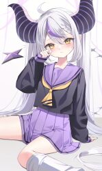 Rule 34 | 1girl, aamana0, absurdres, ahoge, alternate costume, ascot, black shirt, blush, braid, closed mouth, commentary request, demon girl, demon horns, grey hair, highres, hololive, horns, la+ darknesss, long hair, long sleeves, looking at viewer, miniskirt, multicolored hair, pleated skirt, pointy ears, puffy long sleeves, puffy sleeves, purple hair, purple nails, purple sailor collar, purple skirt, rubbing eyes, sailor collar, school uniform, serafuku, shirt, sidelocks, sitting, skirt, sleeves past wrists, socks, solo, streaked hair, striped horns, tearing up, tears, very long hair, virtual youtuber, wariza, white socks, yellow ascot, yellow eyes