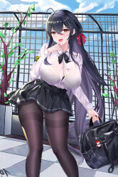 Rule 34 | 1girl, absurdres, ahoge, armband, azur lane, bag, black bag, black bow, black bowtie, black bra, black hair, black skirt, bow, bowtie, bra, bra peek, bra visible through clothes, breasts, brown pantyhose, button gap, character doll, cleavage, collared shirt, crossed bangs, hair ribbon, hand on own chin, highres, holding, holding bag, honolulu (azur lane), honolulu (umbrella girl) (azur lane), huge ahoge, huge breasts, long hair, long sleeves, loose bowtie, miniskirt, nanoda002 (saber427), official alternate costume, on roof, open mouth, pantyhose, partially unbuttoned, red eyes, red ribbon, ribbon, rooftop, school bag, school uniform, see-through, see-through shirt, shirt, shirt tucked in, skirt, solo, spring (season), taihou (azur lane), taihou (sweet time after school) (azur lane), taut clothes, taut shirt, thighband pantyhose, tile roof, underwear, very long hair, yellow armband