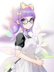 Rule 34 | 1girl, absurdres, apron, bad id, bad pixiv id, black-framed eyewear, black dress, blunt bangs, blush, bow, closed mouth, dress, flower, from side, green eyes, hair bow, highres, leaf, lily (flower), looking at viewer, looking to the side, maid apron, ohisashiburi, original, own hands together, pink bow, purple hair, round eyewear, solo, standing, white apron, white flower, yellow bow