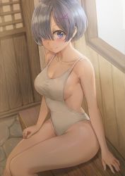 Rule 34 | 1girl, absurdres, bad id, bad twitter id, bare shoulders, blue eyes, blue hair, breasts, cleavage, closed mouth, collarbone, free style (yohan1754), hair ornament, hair over one eye, highres, looking at viewer, medium breasts, one-piece swimsuit, re:zero kara hajimeru isekai seikatsu, rem (re:zero), short hair, sitting, smile, solo, swimsuit, white one-piece swimsuit, x hair ornament